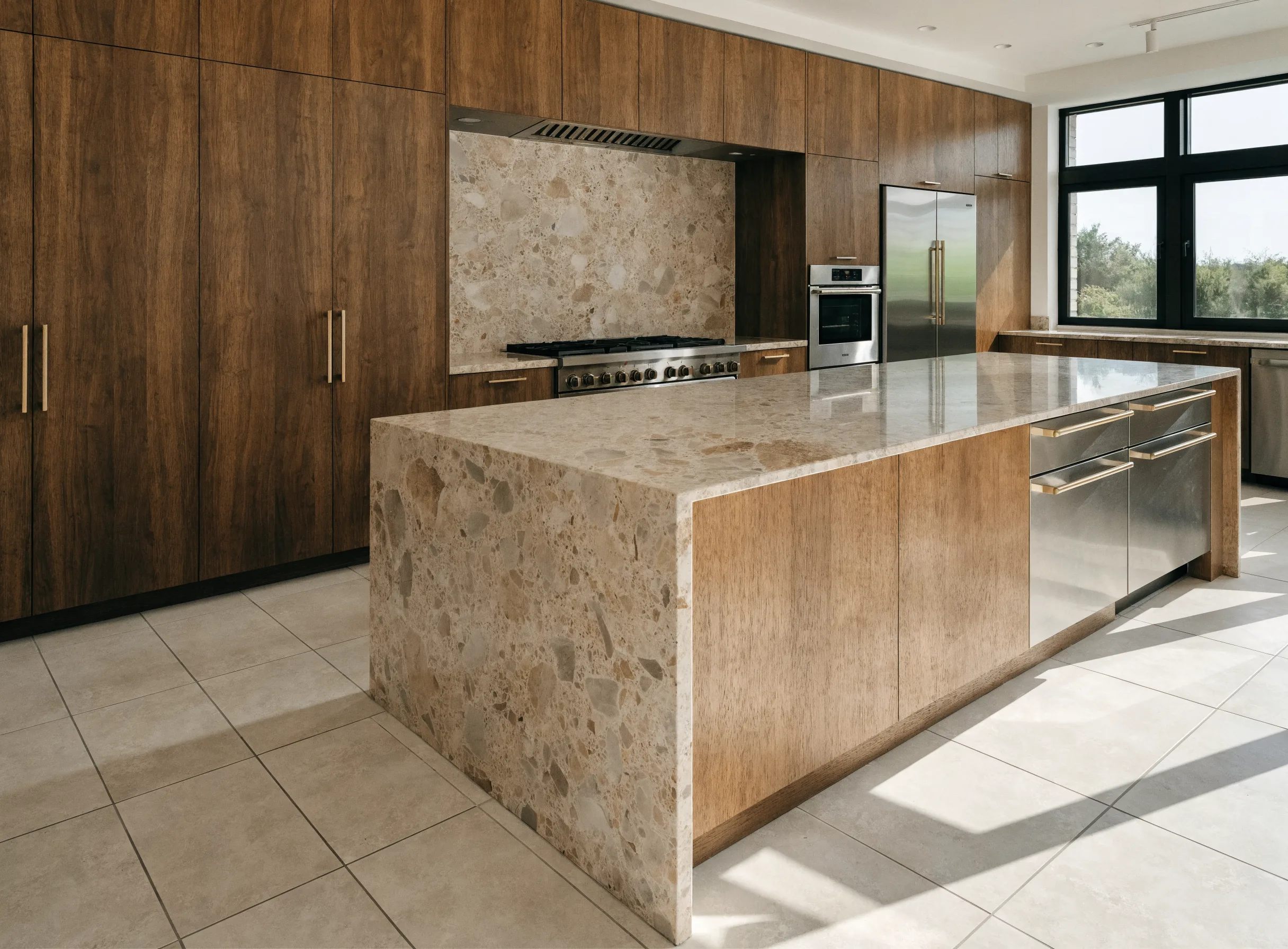 An upscale Boca Raton kitchen with tall wood cabinetry, a stone waterfall island and integrated appliances