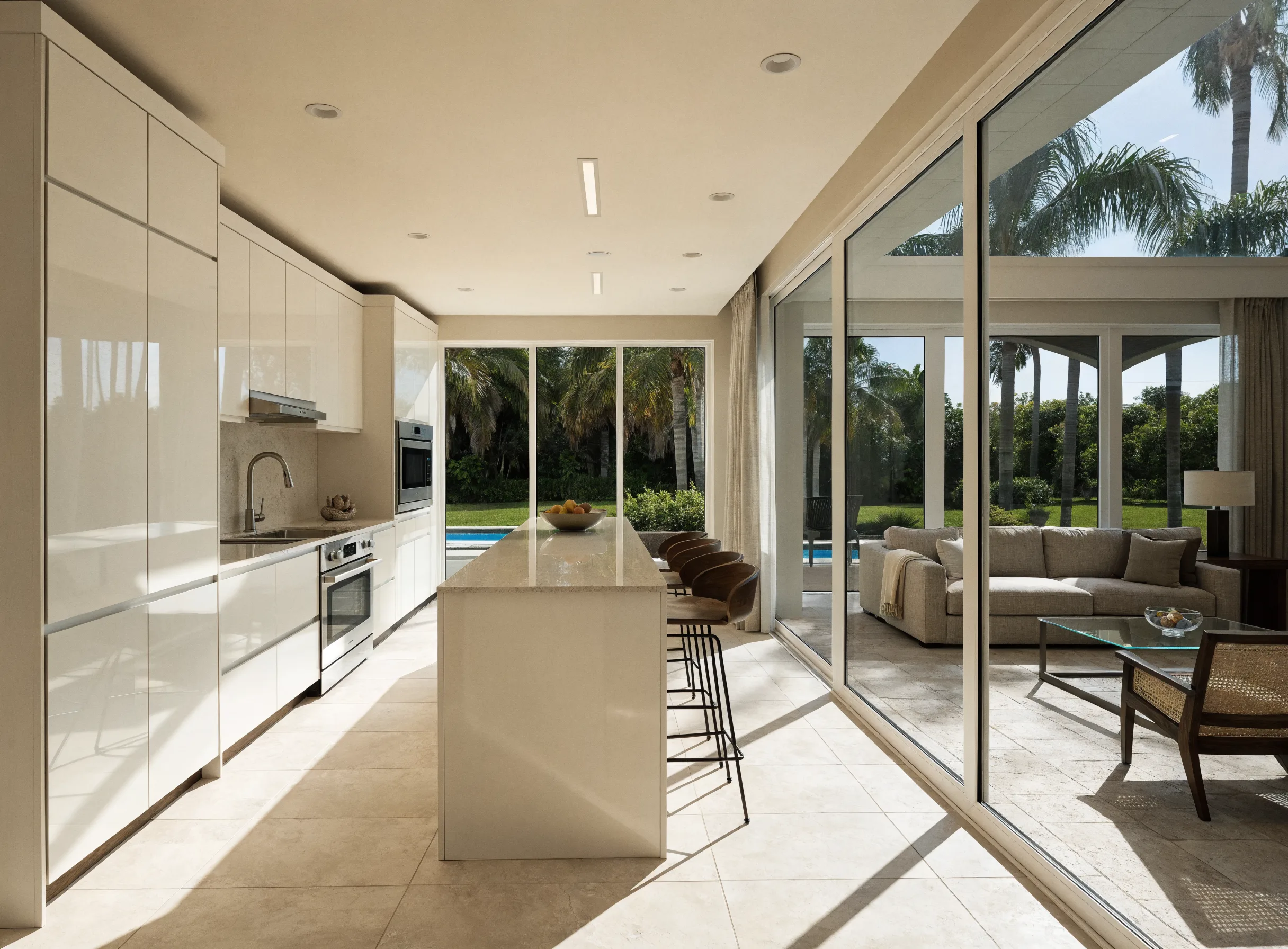 Kitchen Remodeler Boca Raton: a rebuilt kitchen opened to the living room, with a long island and sliding glass doors to the pool deck